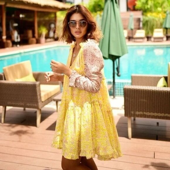Charina Sarte Womens Multicolor Geometric Tiered Long Sleeve Vneck Mini Dress S - Picture 1 of 9
